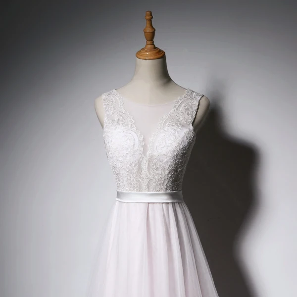 Elegant White Pearl Pink Evening Dresses A-Line / Princess 2018 Pearl Covered Button Lace Flower Sash Scoop Neck Sleeveless Floor-Length / Long Formal Dresses
