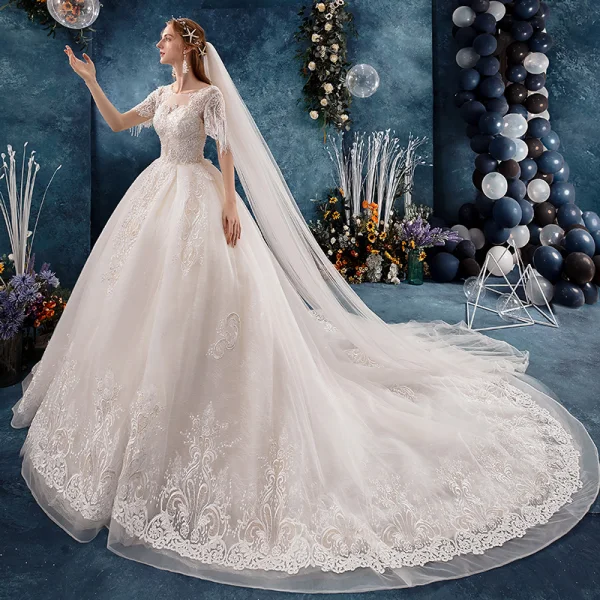 Classy Ivory Wedding Dresses 2019 A-Line / Princess Scoop Neck Beading Sequins Pearl Lace Flower Short Sleeve Backless Cathedral Train