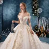 Classy Champagne Wedding Dresses 2019 A-Line / Princess Off-The-Shoulder Beading Rhinestone Sequins Lace Flower Short Sleeve Backless Royal Train
