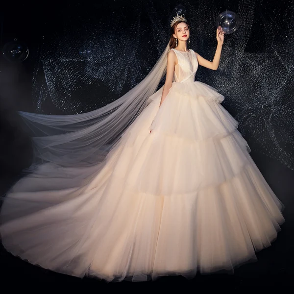 Fabulous Champagne Wedding Dresses 2019 Ball Gown Scoop Neck Beading Sleeveless Backless Cathedral Train