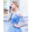 Elegante Blau Abendkleider 2019 A Linie Rundhalsausschnitt Perlenstickerei Pailletten Star Kurze Ärmel Rückenfreies Sweep / Pinsel Zug Festliche Kleider