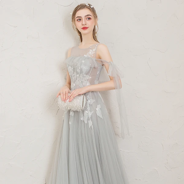Elegant Grey Evening Dresses 2019 A-Line / Princess Scoop Neck Appliques Lace Flower Sleeveless Backless Floor-Length / Long Formal Dresses