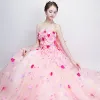 Chic / Beautiful Flower Fairy Candy Pink Prom Dresses 2019 A-Line / Princess Strapless Appliques Sleeveless Backless Bow Floor-Length / Long Formal Dresses