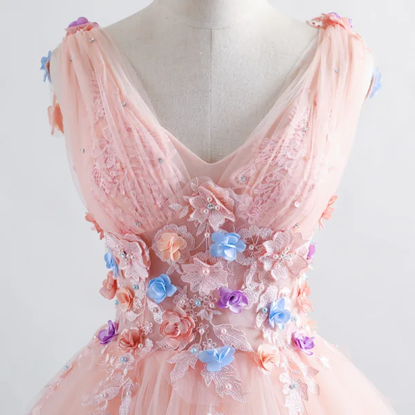 Elegant Pearl Pink Prom Dresses 2019 A-Line / Princess V-Neck Appliques Pearl Lace Flower Sleeveless Backless Floor-Length / Long Formal Dresses