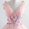 Elegant Pearl Pink Prom Dresses 2019 A-Line / Princess V-Neck Appliques Pearl Lace Flower Sleeveless Backless Floor-Length / Long Formal Dresses