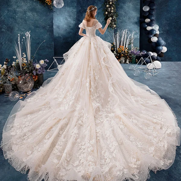 Fabulous Ivory Wedding Dresses 2019 A-Line / Princess V-Neck Pearl Appliques Lace Flower Short Sleeve Backless Royal Train