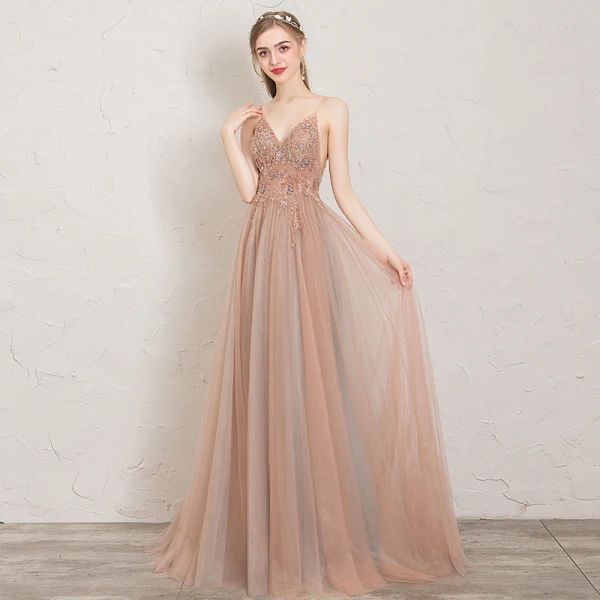 Schöne Pearl Rosa Abendkleider 2019 A Linie Spaghettiträger Perlenstickerei Kristall Perle Pailletten Ärmellos Rückenfreies Gespaltete Front Lange Festliche Kleider