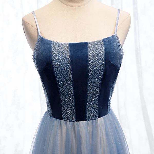 Chic / Belle Océan Bleu Robe De Soirée 2019 Princesse Bretelles Spaghetti Daim Perlage Cristal Sans Manches Dos Nu Longue Robe De Ceremonie