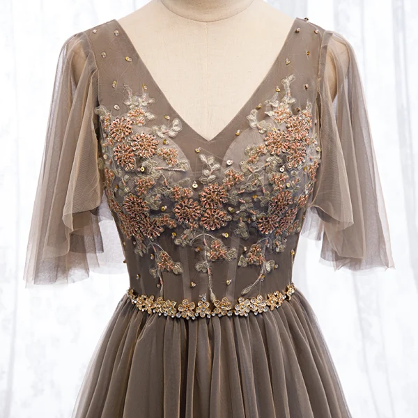 Elegant Brown Evening Dresses 2019 A-Line / Princess V-Neck Beading Rhinestone Sequins Lace Flower Short Sleeve Backless Floor-Length / Long Formal Dresses