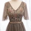 Elegant Brown Evening Dresses  2019 A-Line / Princess V-Neck Beading Rhinestone Sequins Lace Flower Short Sleeve Backless Floor-Length / Long Formal Dresses