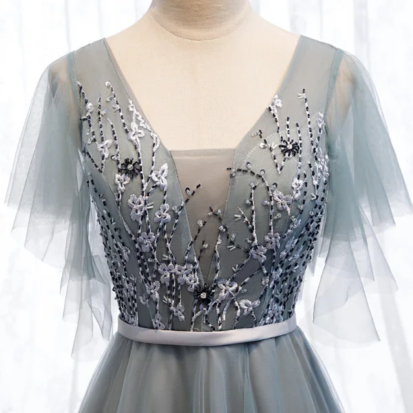 Elegant Grey Evening Dresses  2019 A-Line / Princess V-Neck Beading Sequins Lace Flower Sash Short Sleeve Backless Floor-Length / Long Formal Dresses