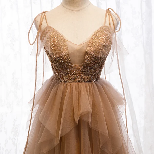 Modern / Fashion Brown Evening Dresses 2019 A-Line / Princess Spaghetti Straps Beading Sequins Lace Flower Sleeveless Backless Floor-Length / Long Formal Dresses