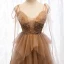 Modern / Fashion Brown Evening Dresses  2019 A-Line / Princess Spaghetti Straps Beading Sequins Lace Flower Sleeveless Backless Floor-Length / Long Formal Dresses