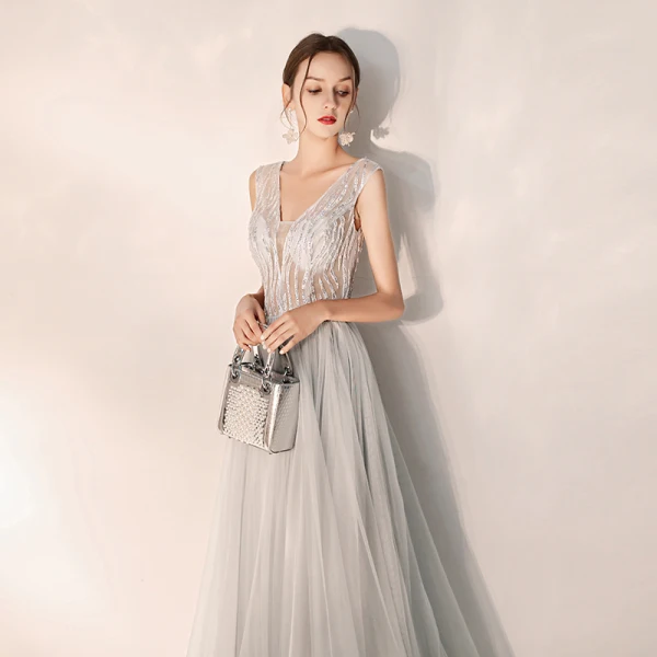 Classy Grey Evening Dresses 2019 A-Line / Princess V-Neck Beading Sleeveless Backless Floor-Length / Long Formal Dresses