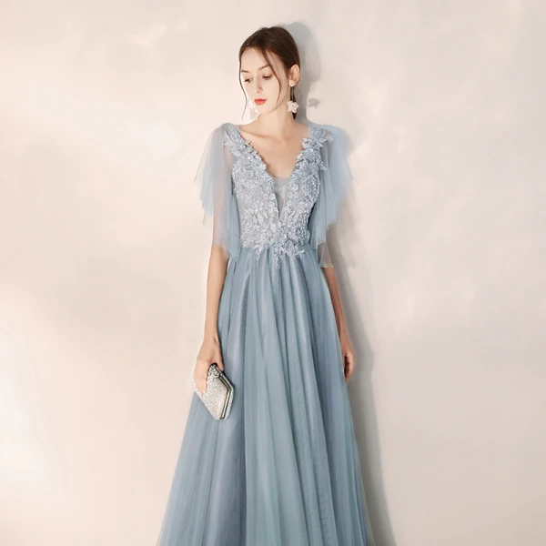 Elegant Sky Blue Evening Dresses  2019 A-Line / Princess V-Neck Beading Lace Flower Short Sleeve Backless Floor-Length / Long Formal Dresses