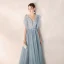 Elegant Sky Blue Evening Dresses  2019 A-Line / Princess V-Neck Beading Lace Flower Short Sleeve Backless Floor-Length / Long Formal Dresses