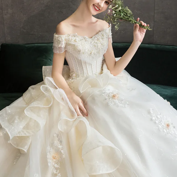 Luxury / Gorgeous Champagne Wedding Dresses 2019 Ball Gown Off-The-Shoulder Beading Pearl Crystal Tassel Lace Flower Short Sleeve Backless Cascading Ruffles Cathedral Train
