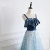 Mode Blå Gallakjoler 2019 Prinsesse Suede Spaghetti Straps Pailletter Med Blonder Blomsten Ærmeløs Halterneck Lange Kjoler