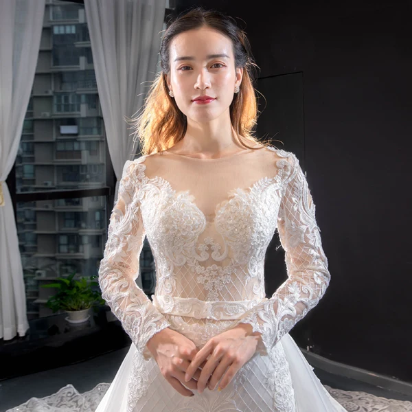 Luxury / Gorgeous Ivory Wedding Dresses 2019 Trumpet / Mermaid Scoop Neck Beading Sequins Lace Flower Long Sleeve Backless Detachable Chapel Train