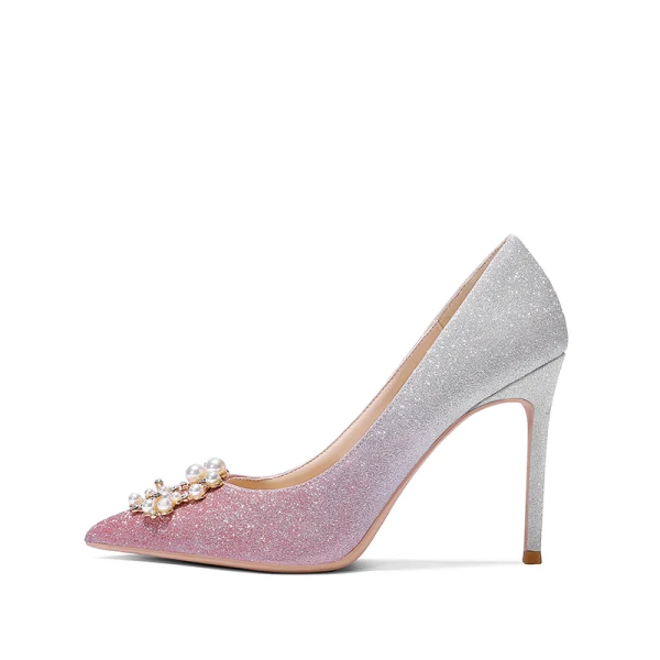 Charmant Pink Brautschuhe 2019 Leder Strass Perle Pailletten 10 cm Stilettos Spitzschuh Hochzeit Pumps