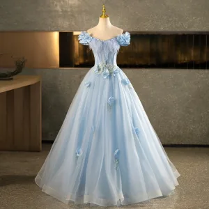 Elegant Himmelen Blå Beading Paljetter Appliques Ballkjoler 2025 Ballkjole Av Skulderen Dusk Korte Ermer Ryggløse Lange Formelle Kjoler