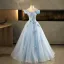Elegant Sky Blue Beading Sequins Appliques Prom Dresses 2025 Ball Gown Off-The-Shoulder Tassel Short Sleeve Backless Floor-Length / Long Formal Dresses