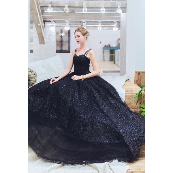 Chic / Belle Noire Robe De Bal 2019 Princesse Bretelles Spaghetti Sans Manches Dos Nu Paillettes Longue Robe De Ceremonie