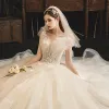 Classy Champagne Wedding Dresses 2019 Ball Gown V-Neck Sequins Lace Flower Sleeveless Backless Court Train