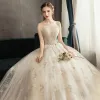Affordable Champagne Wedding Dresses 2019 A-Line / Princess Sweetheart Beading Crystal Sequins Lace Flower Sleeveless Backless Floor-Length / Long