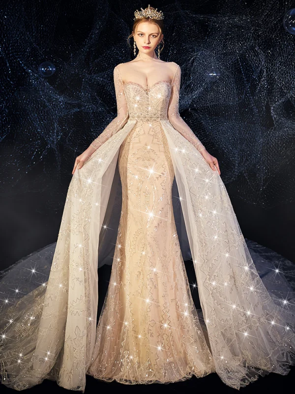 Haut de Gamme Champagne Robe De Mariée 2019 Trompette / Sirène Encolure Dégagée Perlage Faux Diamant Paillettes En Dentelle Fleur Manches Longues Dos Nu Détachable Chapel Train