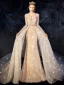 Haut de Gamme Champagne Robe De Mariée 2019 Trompette / Sirène Encolure Dégagée Perlage Faux Diamant Paillettes En Dentelle Fleur Manches Longues Dos Nu Détachable Chapel Train