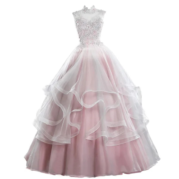 Classy Blushing Pink Prom Dresses 2019 Ball Gown High Neck Beading Sequins Pearl Lace Flower Sleeveless Backless Cascading Ruffles Floor-Length / Long Formal Dresses
