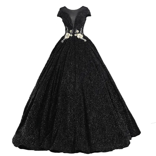 Classy Black Prom Dresses 2019 A-Line / Princess Scoop Neck Beading Crystal Pearl Rhinestone Lace Flower Short Sleeve Backless Floor-Length / Long Formal Dresses