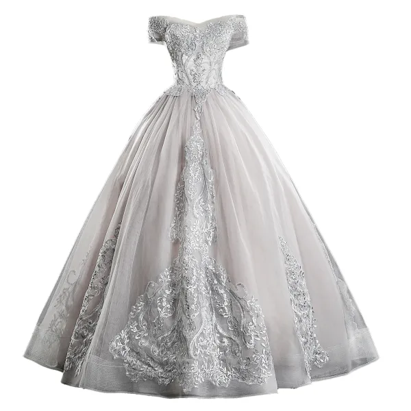 Elegant Grey Prom Dresses 2019 A-Line / Princess Off-The-Shoulder Pearl Lace Flower Short Sleeve Backless Floor-Length / Long Formal Dresses