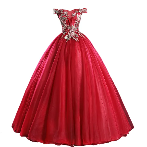 Chic / Beautiful Burgundy Prom Dresses 2019 Ball Gown Off-The-Shoulder Pearl Rhinestone Lace Flower Sleeveless Backless Floor-Length / Long Formal Dresses