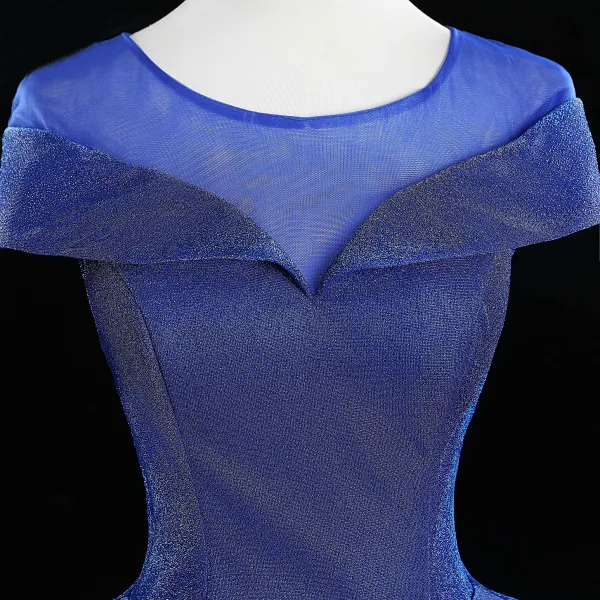 Elegant Royal Blue Prom Dresses 2019 Ball Gown Scoop Neck Glitter Tulle Cap Sleeves Backless Floor-Length / Long Formal Dresses