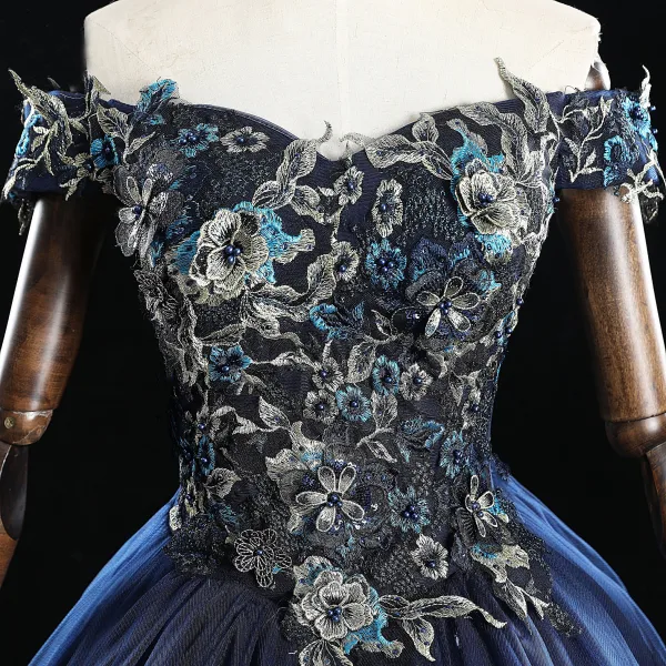 Vintage / Retro Navy Blue Prom Dresses 2019 A-Line / Princess Off-The-Shoulder Pearl Lace Flower Sleeveless Backless Floor-Length / Long Formal Dresses
