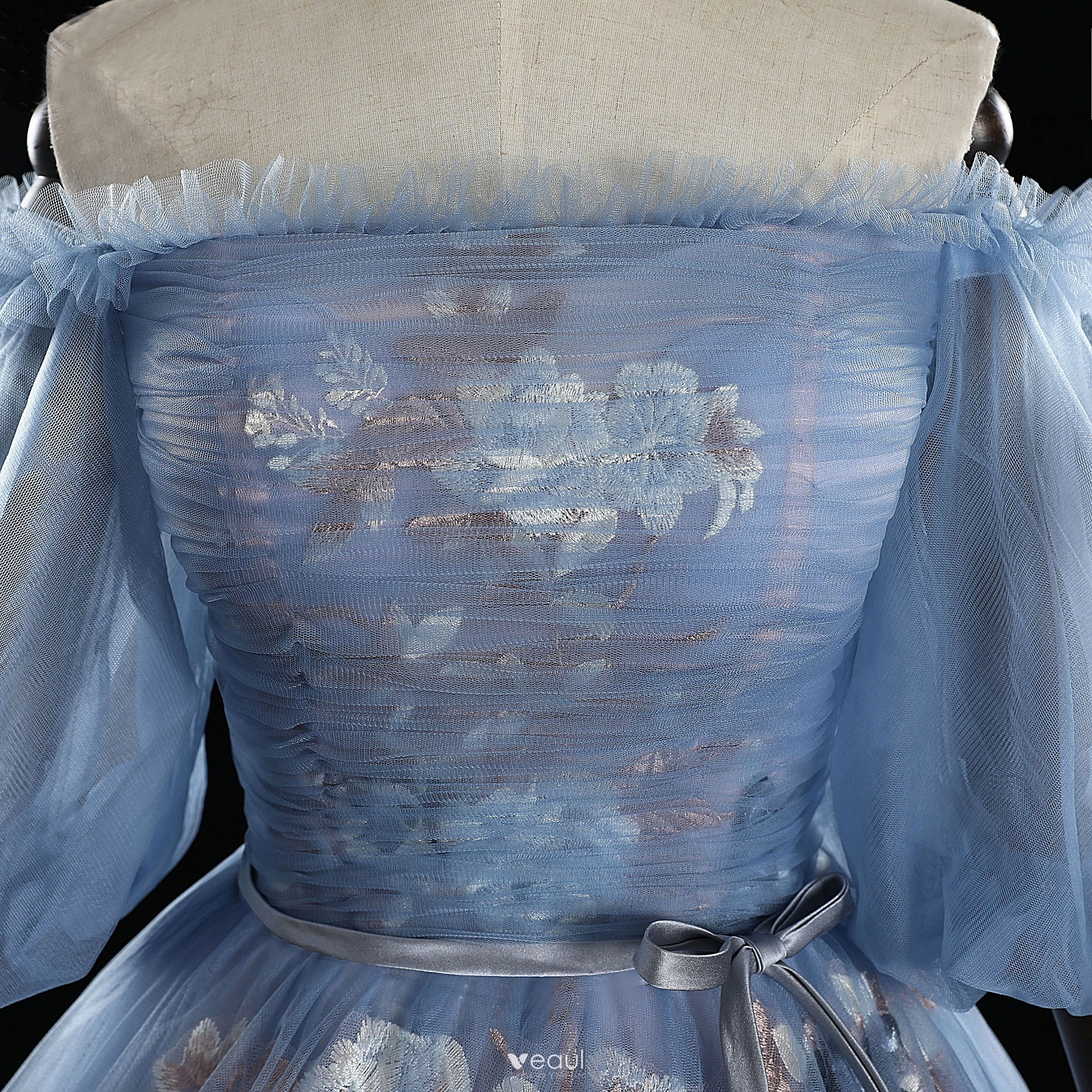 ash blue wedding dress DreamDress By PMN Alsatia Haute A-Line Wedding Dress Gown Illusion Off Shoulder Floral Accents Chapel Train | Size: Small main image 1