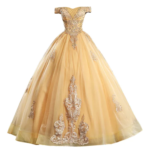 Classic Gold Quinceaera Prom Dresses 2019 Ball Gown Off-The-Shoulder Beading Sequins Lace Flower Sleeveless Backless Floor-Length / Long Formal