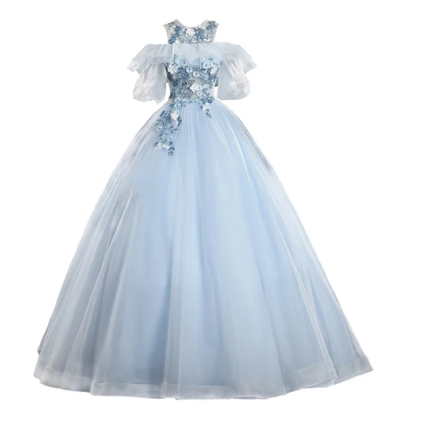 Classy Sky Blue Prom Dresses 2019 Ball Gown Scoop Neck Pearl Lace Flower Appliques Short Sleeve Backless Floor-Length / Long Formal Dresses