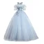 Classy Sky Blue Prom Dresses 2019 Ball Gown Scoop Neck Pearl Lace Flower Appliques Short Sleeve Backless Floor-Length / Long Formal Dresses