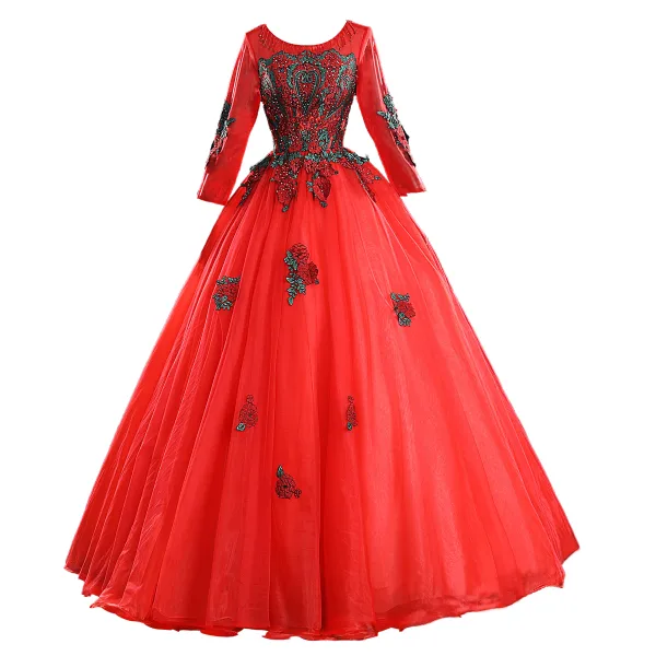 Elegant Red Prom Dresses 2019 Ball Gown Scoop Neck Beading Tassel Rhinestone Lace Flower Long Sleeve Backless Floor-Length / Long Formal Dresses