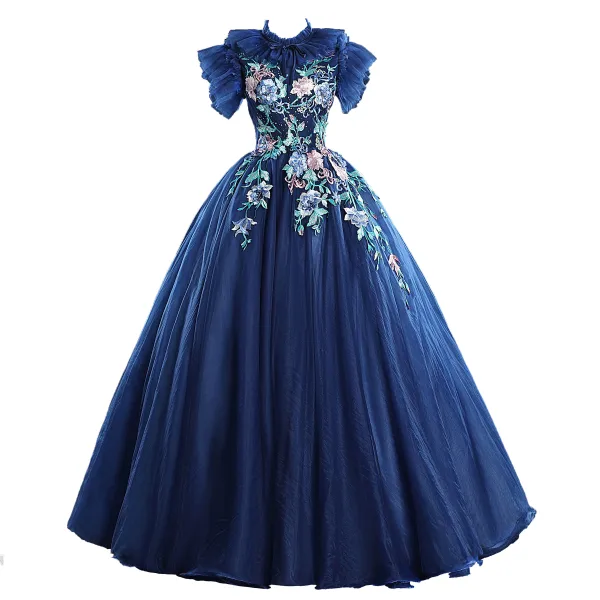 Vintage / Originale Bleu Marine Robe De Bal 2019 Robe Boule Volants Col Haut Faux Diamant Perle En Dentelle Fleur Manches Courtes Dos Nu Longue Robe De Ceremonie
