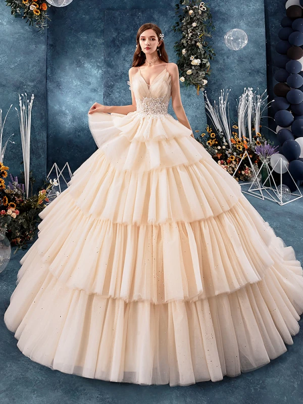 High-end Champagne Wedding Dresses 2019 Ball Gown Spaghetti Straps Beading Sequins Lace Flower Sleeveless Backless Cascading Ruffles Royal Train
