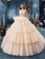 High-end Champagne Wedding Dresses 2019 Ball Gown Spaghetti Straps Beading Sequins Lace Flower Sleeveless Backless Cascading Ruffles Royal Train