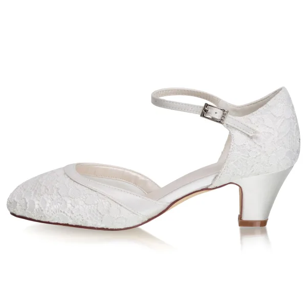 Simple Ivoire En Dentelle Satin Chaussure De Mariée 2021 5 cm Talons Épais À Bout Rond Mariage Talons Hauts