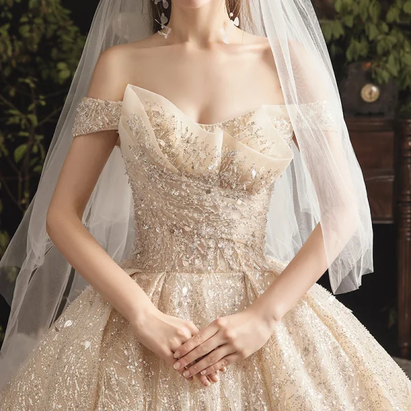 Charming Champagne Wedding Dresses 2019 A-Line / Princess Off-The-Shoulder Beading Sequins Lace Flower Sleeveless Backless Cathedral Train