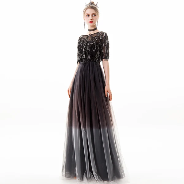 Chic / Belle Noire Argenté Robe De Soirée 2019 Princesse Encolure Dégagée Paillettes Gland 1/2 Manches Longue Robe De Ceremonie