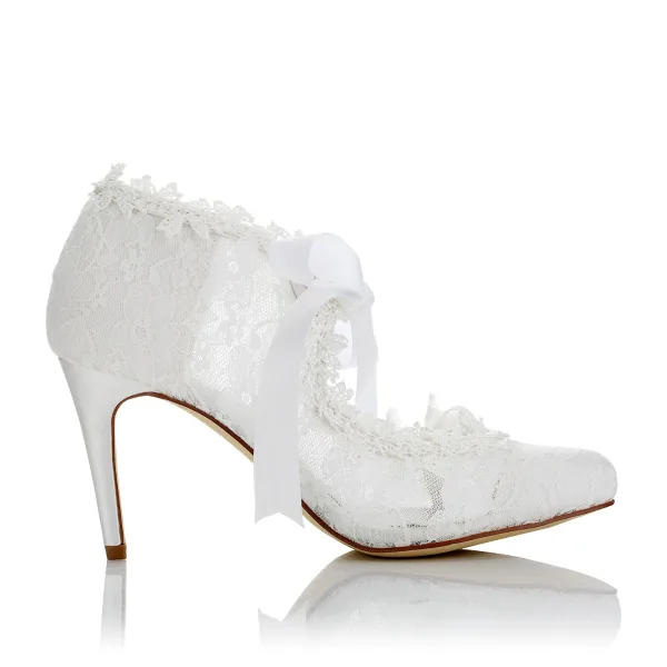 Eleganta Elfenben Satin Brudskor 2021 Rosett Pärla Spets Blomma 8 cm Stilettklackar Spetsiga Bröllop Pumps Högklackade