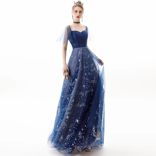 Stylowe / Modne Granatowe Sukienki Wieczorowe 2019 Princessa Przy Ramieniu Gwiazda Cekiny Kótkie Rękawy Bez Pleców Długie Sukienki Wizytowe